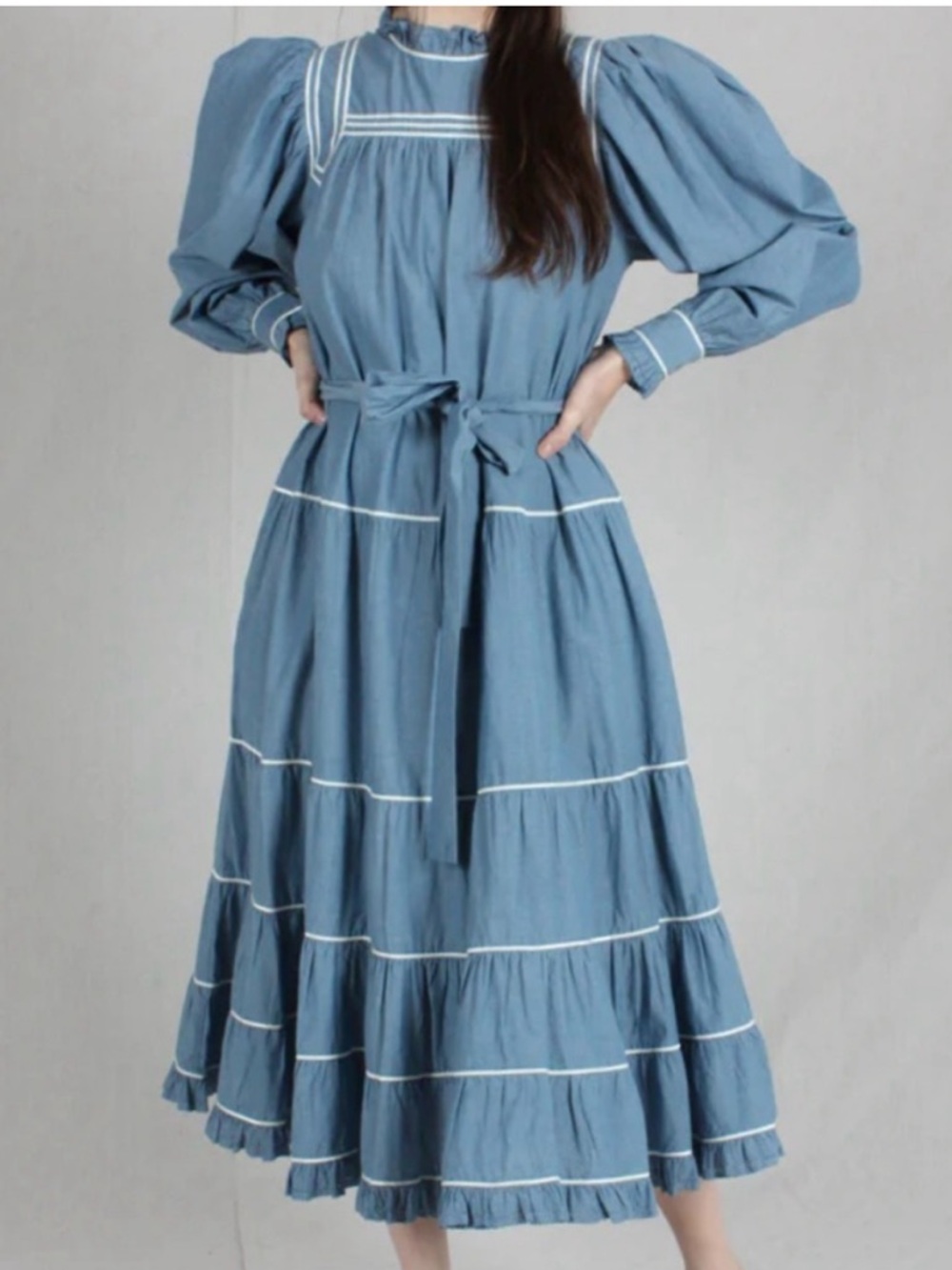 Ulla Johnson Blue Tiered Long-Sleeve Midi Dress with Belt